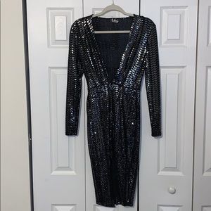 Deep V Mid Length Sequined Dress